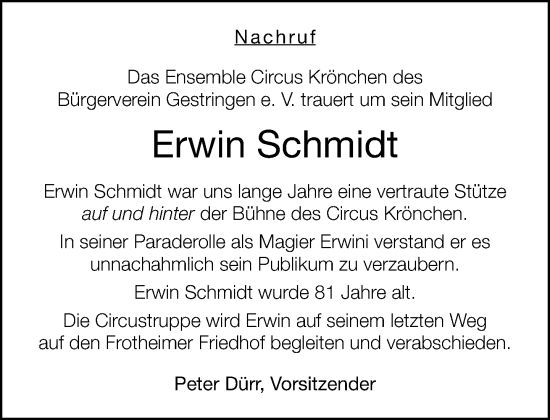 Traueranzeige von Erwin Schmidt von Neue Westfälische