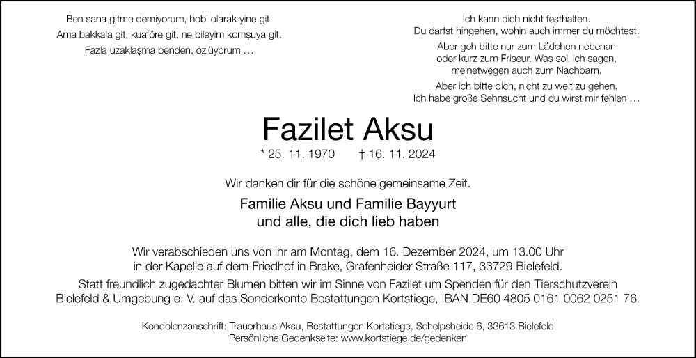 Traueranzeige für Fazilet Aksu vom 07.12.2024 aus Neue Westfälische