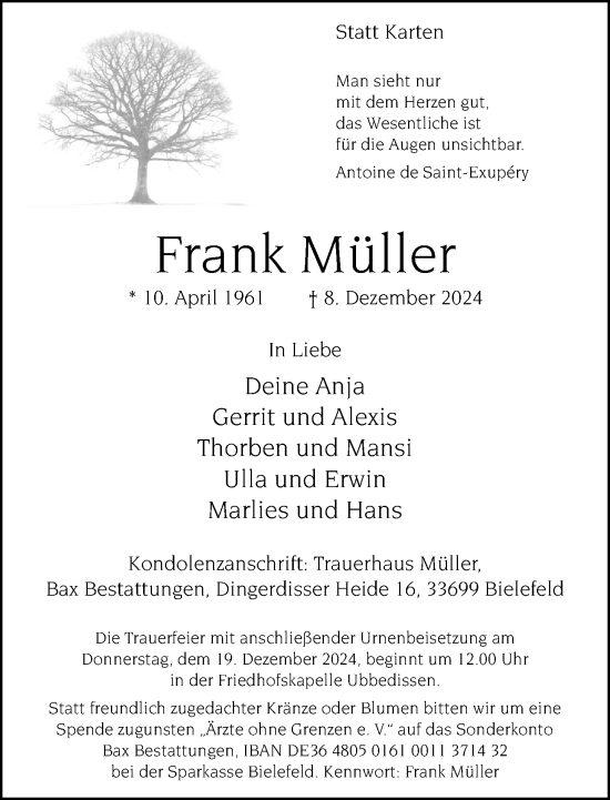 Traueranzeige von Frank Müller von Neue Westfälische