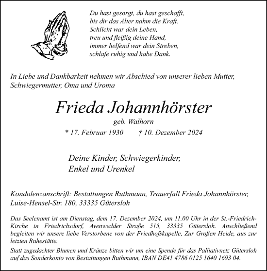 Traueranzeige von Frieda Johannhörster von Neue Westfälische