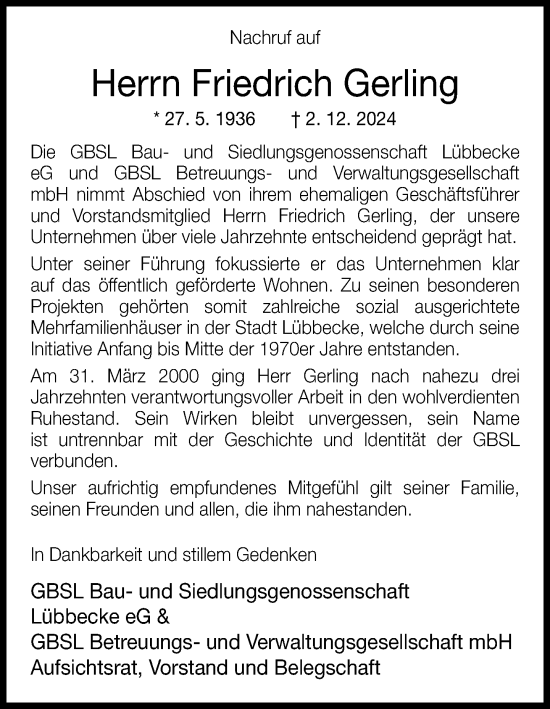 Traueranzeige von Friedrich Gerling von Neue Westfälische