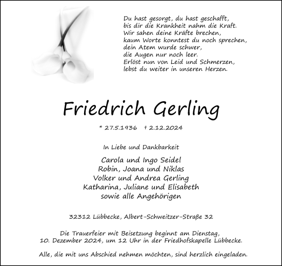 Traueranzeige von Friedrich Gerling von Neue Westfälische