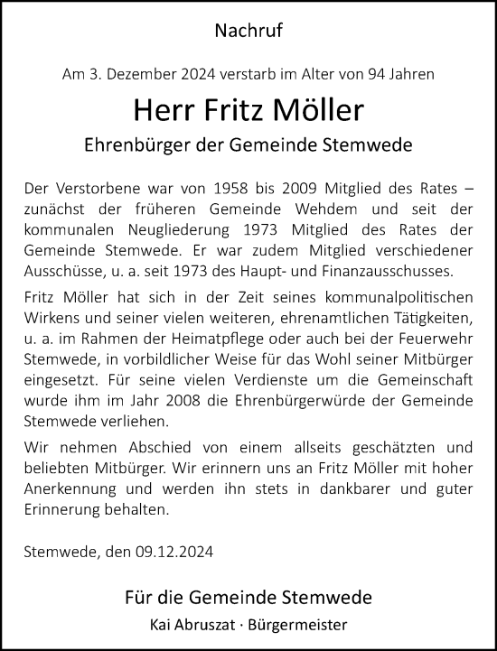 Traueranzeige von Fritz Möller von Neue Westfälische