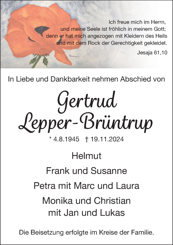 Traueranzeige von Gertrud Lepper-Brüntrup von Neue Westfälische