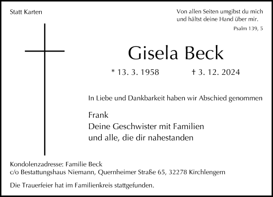 Traueranzeige von Gisela Beck von Neue Westfälische