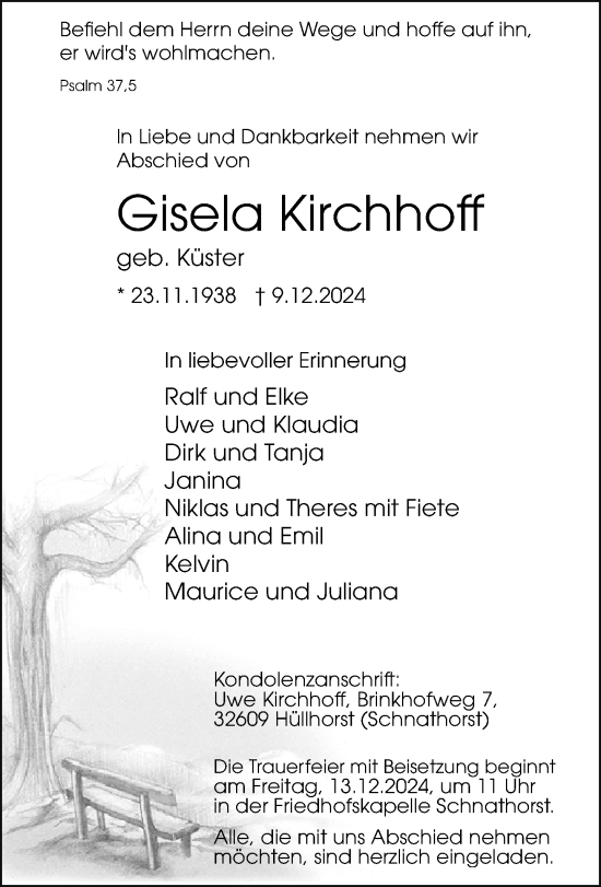 Traueranzeige von Gisela Kirchhoff von Neue Westfälische