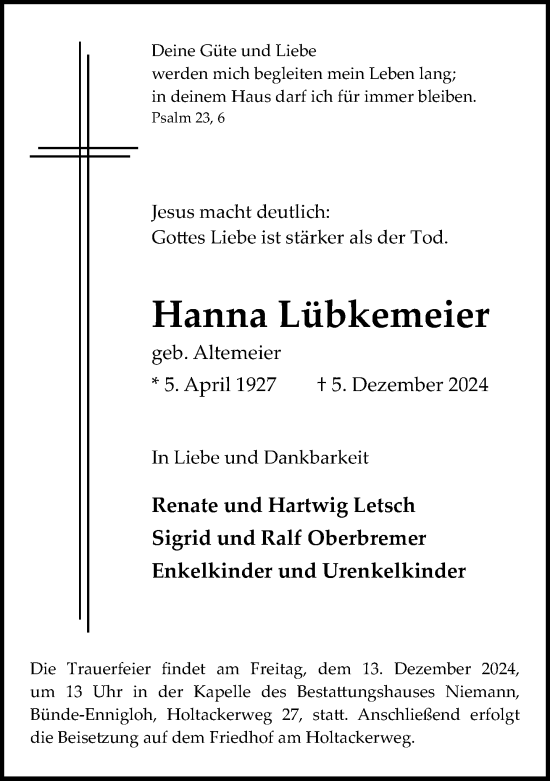 Traueranzeige von Hanna Lübkemeier von Neue Westfälische