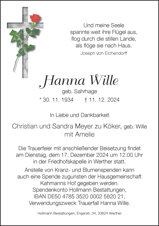 Traueranzeige von Hanna Wille von Neue Westfälische