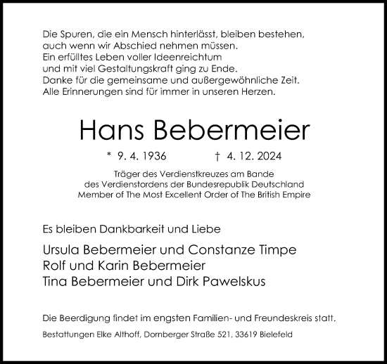 Traueranzeige von Hans Bebermeier von Neue Westfälische