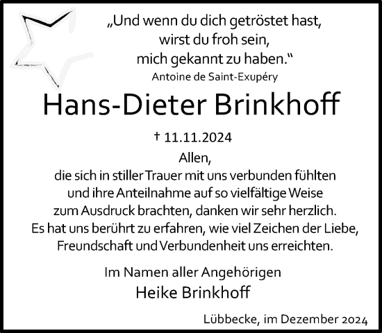 Traueranzeige von Hans-Dieter Brinkhoff von Neue Westfälische