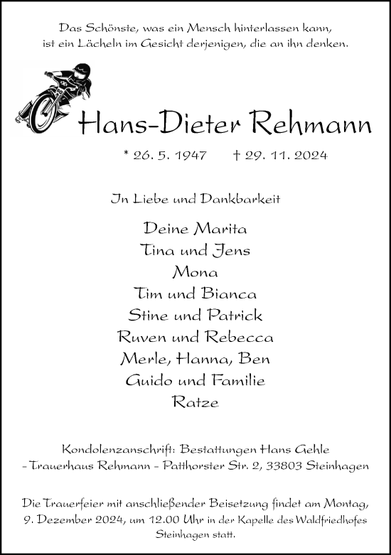 Traueranzeige von Hans-Dieter Rehmann von Neue Westfälische