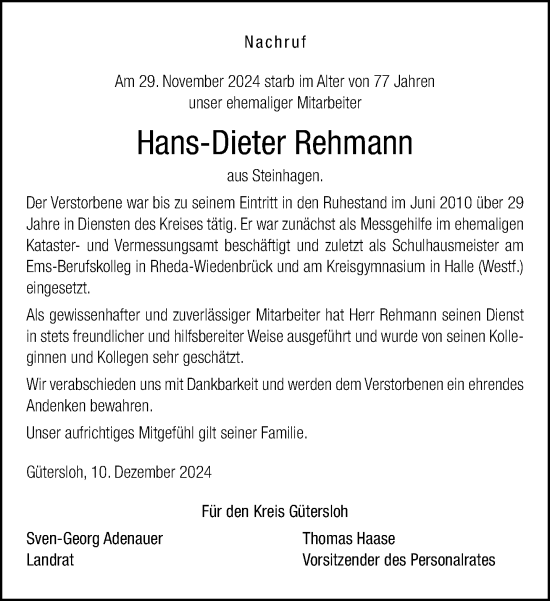 Traueranzeige von Hans-Dieter Rehmann von Neue Westfälische
