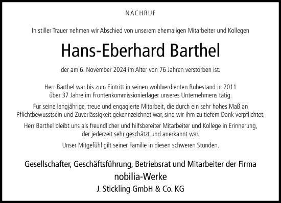 Traueranzeige von Hans-Eberhard Barthel von Neue Westfälische
