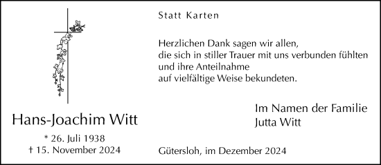 Traueranzeige von Hans-Joachim Witt von Neue Westfälische