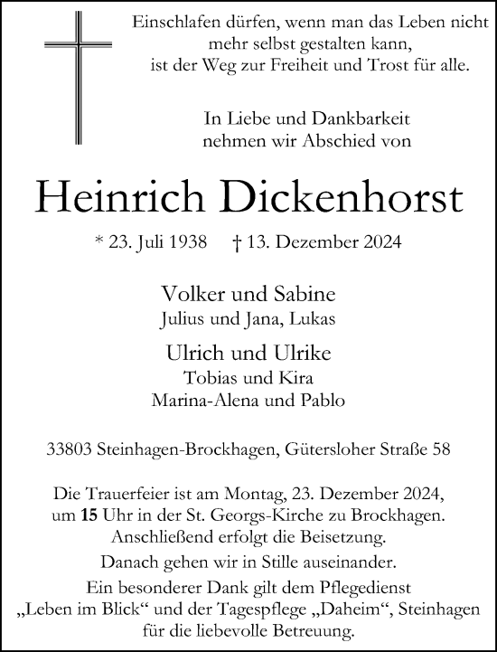 Traueranzeige von Heinrich Dickenhorst von Neue Westfälische