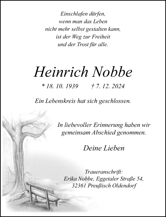 Traueranzeige von Heinrich Nobbe von Neue Westfälische