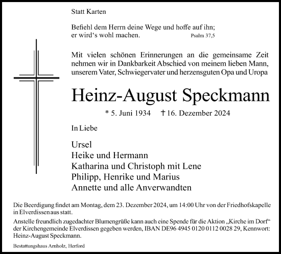 Traueranzeige von Heinz-August Speckmann von Neue Westfälische