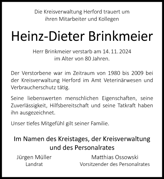 Traueranzeige von Heinz-Dieter Brinkmeier von Neue Westfälische