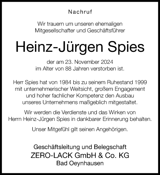 Traueranzeige von Heinz-Jürgen Spies von Neue Westfälische