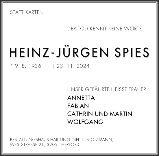 Traueranzeige von Heinz-Jürgen Spies von Neue Westfälische