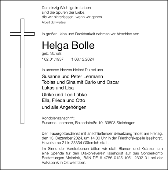 Traueranzeige von Helga Bolle von Neue Westfälische