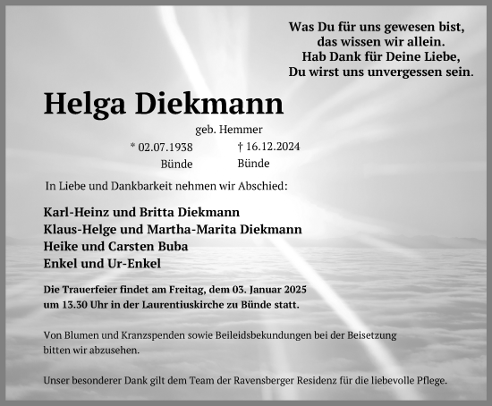 Traueranzeige von Helga Diekmann von Neue Westfälische