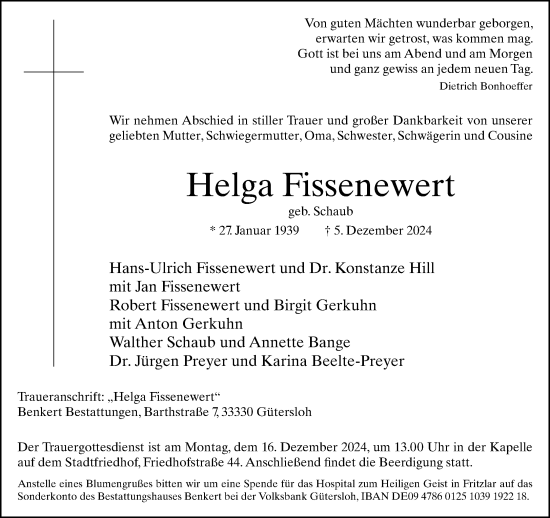 Traueranzeige von Helga Fissenewert von Neue Westfälische