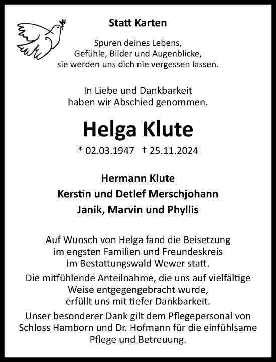 Traueranzeige von Helga Klute von Neue Westfälische
