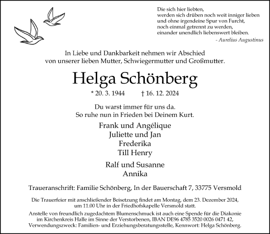 Traueranzeige von Helga Schönberg von Neue Westfälische