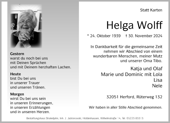 Traueranzeige von Helga Wolff von Neue Westfälische