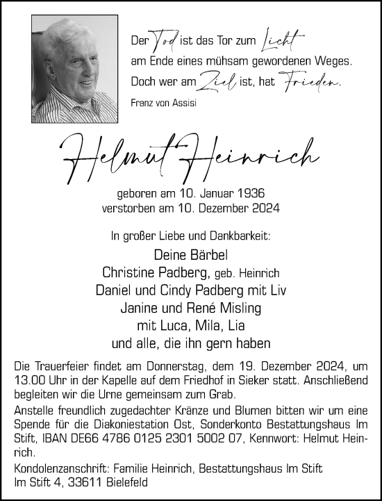 Traueranzeige von Helmut Heinrich von Neue Westfälische