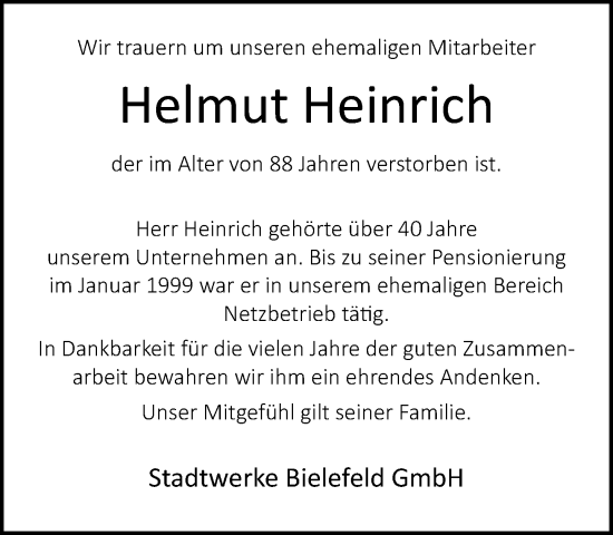 Traueranzeige von Helmut Heinrich von Neue Westfälische