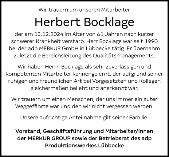 Traueranzeige von Herbert Bocklage von Neue Westfälische