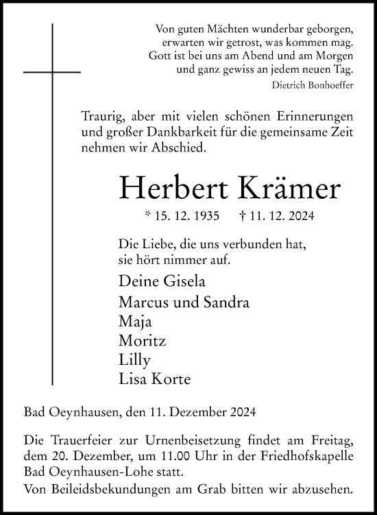 Traueranzeige von Herbert Krämer von Neue Westfälische