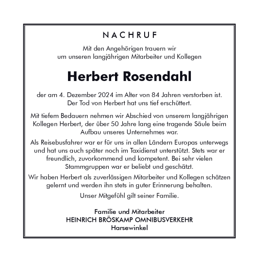 Traueranzeige von Herbert Rosendahl von Neue Westfälische