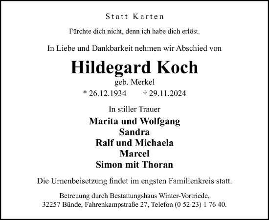 Traueranzeige von Hildegard Koch von Neue Westfälische