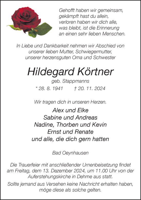 Traueranzeige von Hildegard Körtner von Neue Westfälische