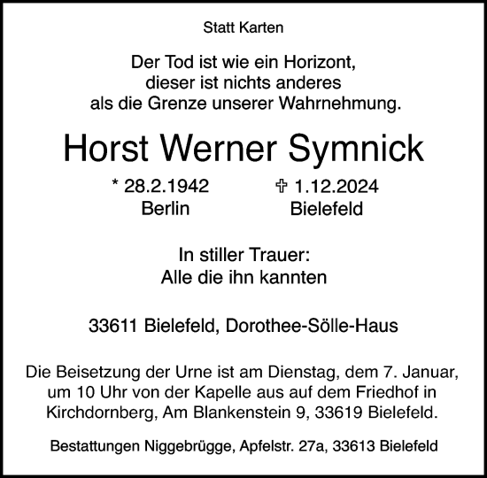 Traueranzeige von Horst Werner Symnick von Neue Westfälische