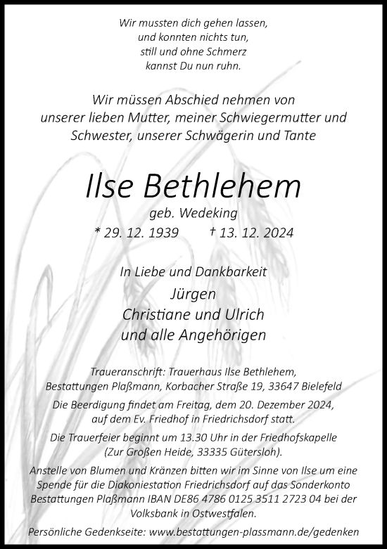 Traueranzeige von Ilse Bethlehem von Neue Westfälische