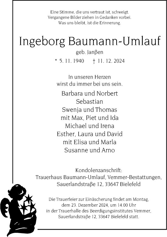 Traueranzeige von Ingeborg Baumann-Umlauf von Neue Westfälische