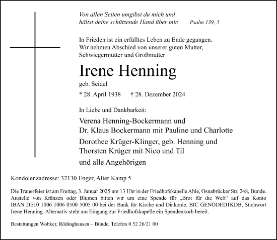 Traueranzeige von Irene Henning von Neue Westfälische