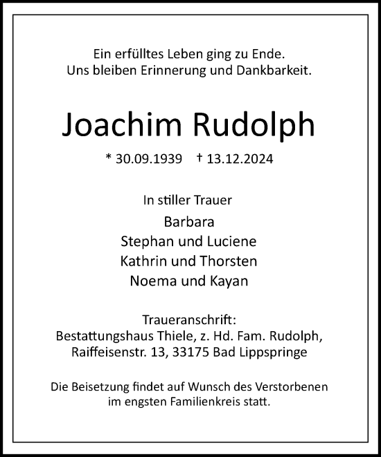 Traueranzeige von Joachim Rudolph von Neue Westfälische