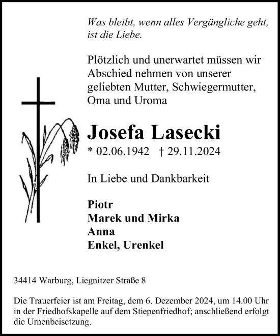 Traueranzeige von Josefa Lasecki von Neue Westfälische