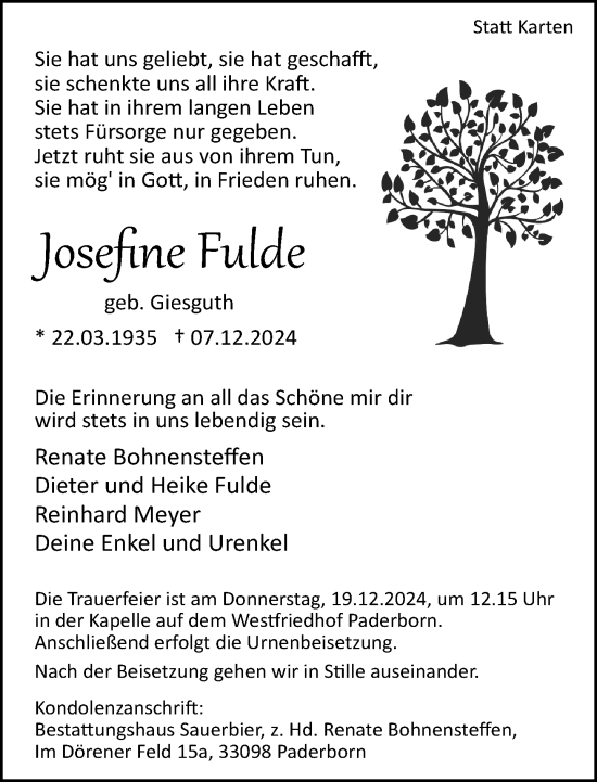 Traueranzeige von Josefine Fulde von Neue Westfälische