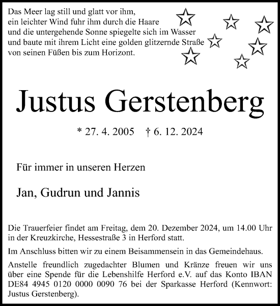 Traueranzeige von Justus Gerstenberg von Neue Westfälische