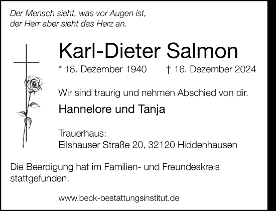 Traueranzeige von Karl-Dieter Salmon von Neue Westfälische