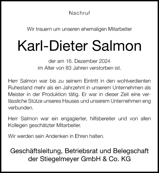 Traueranzeige von Karl-Dieter Salmon von Neue Westfälische