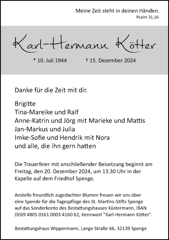 Traueranzeige von Karl-Hermann Kötter von Neue Westfälische