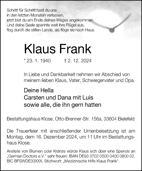 Traueranzeige von Klaus Frank von Neue Westfälische