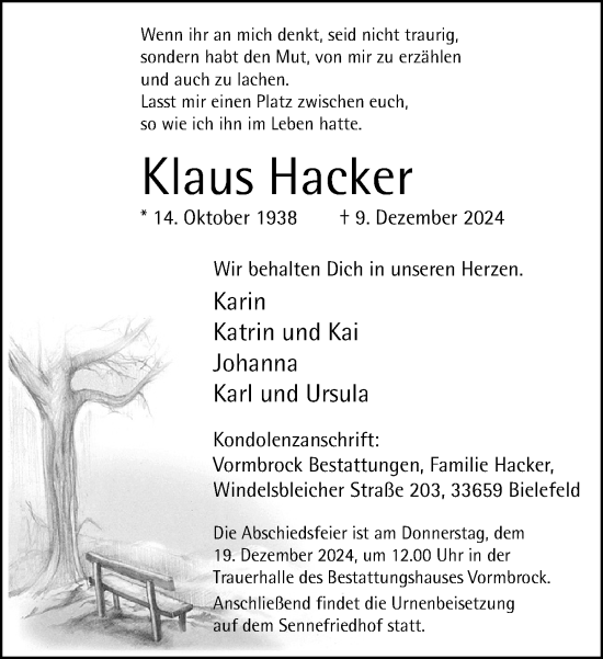 Traueranzeige von Klaus Hacker von Neue Westfälische